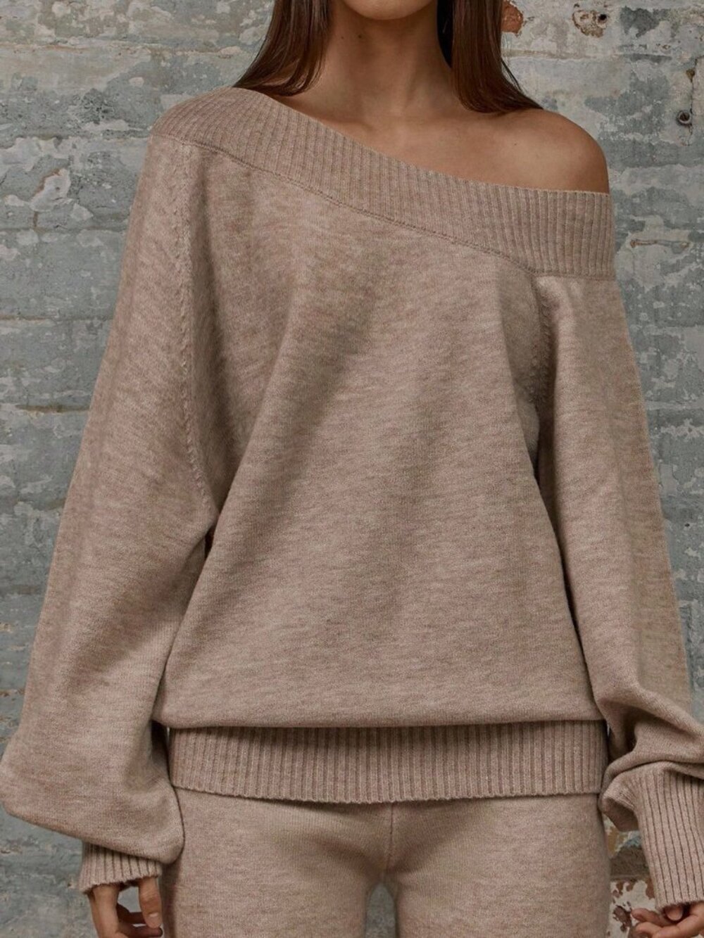 Khaki Casual Women's Knit Ribbed Neck Long Sleeve  sweater